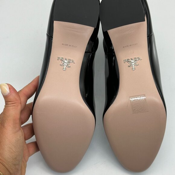 PRADA Triangle Logo Patent Leather Block Heel Ankle Booties Boots Shoes - Picture 14 of 16